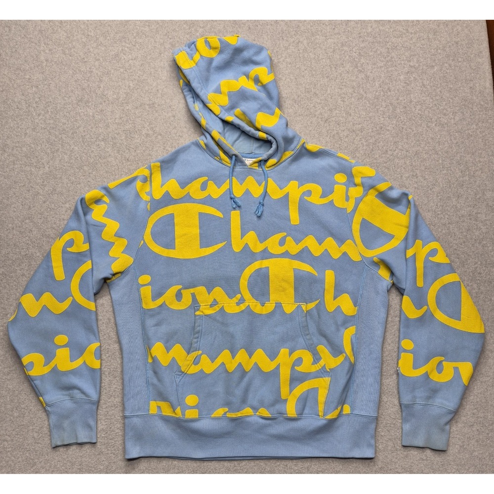 Champion Hoodie Mens L Blue Yellow Reverse Weave All Over Print Script Logo